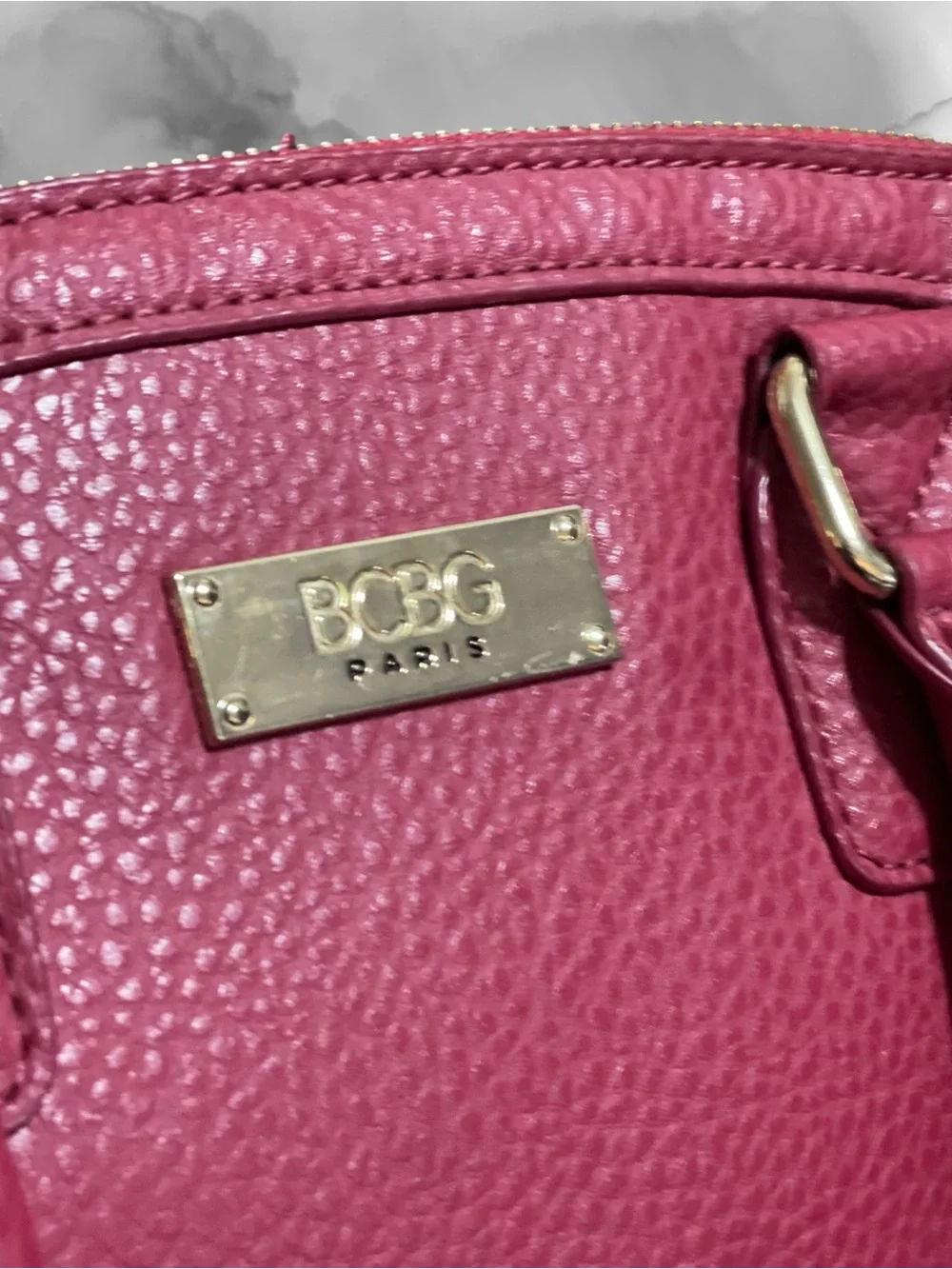 BCBG Paris Berry Pink Pebbled Faux Leather Dome Bowler Satchel Bag Gold HW